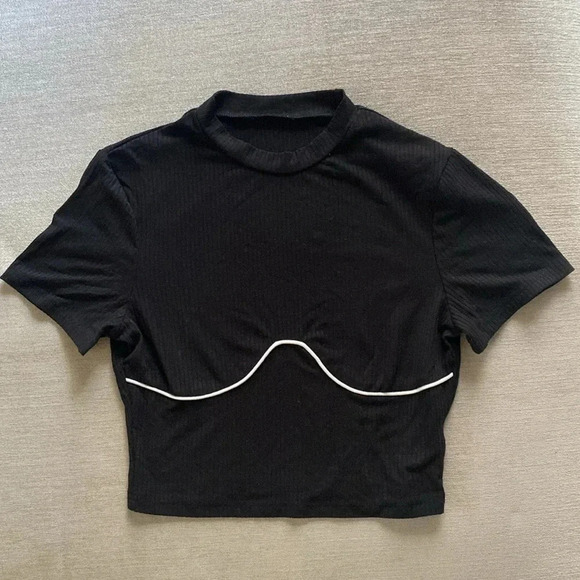 MakeMeChic Mock Neck Ribbed Knit Black White Bust Line Short Sleeve Crop Top M - Picture 2 of 8